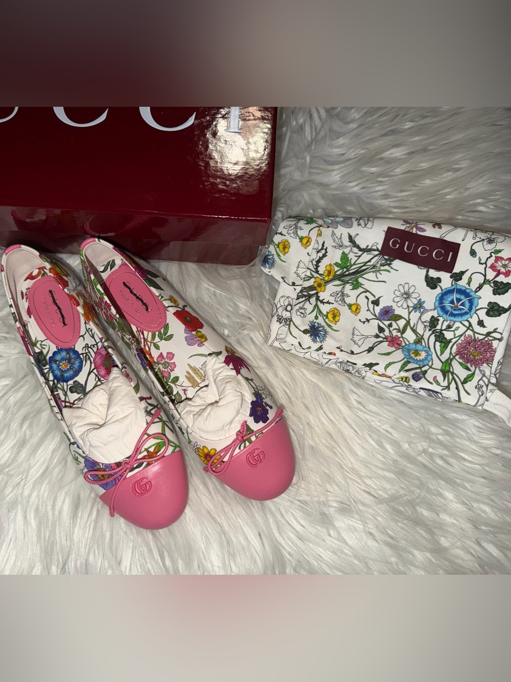 Gucci Pink Floral Leather Ballet Flats NIB
